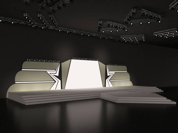 istock Event Empty stage perspective view including stairs. with a half-star form-led screen for projection and a ceiling spotlight system. Platform elements in the hall. 3d rendering illustration 1499259396