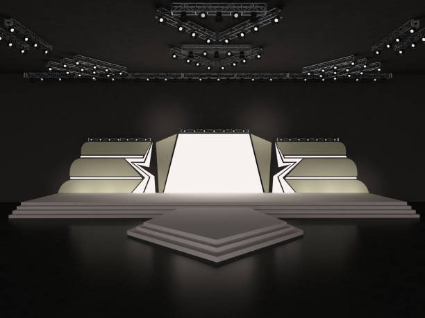 istock Event Empty stage front view including stairs. with a half-star form-led screen for projection and a ceiling spotlight system. custom design. Platform elements in the hall. 3d rendering illustration 1499259402
