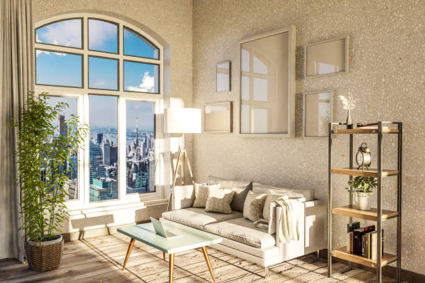 istock luxurious loft apartment with arched window and panoramic view over urban downtown; noble interior living room design mock up; 3D Illustration 1499259427