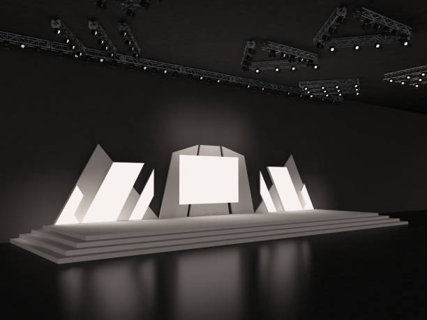 istock Event futuristic empty stage design with stairs perspective view. led screen for projection and a ceiling spotlight system. custom design. Platform elements in the hall. 3d rendering illustration 1499259963