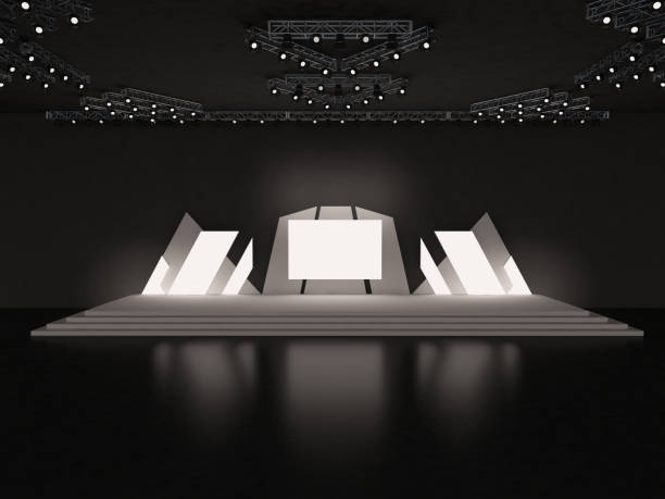 istock Event futuristic empty stage design with stairs front view. led screen for projection and a ceiling spotlight system. custom design. Platform elements in the hall. 3d rendering illustration 1499259964