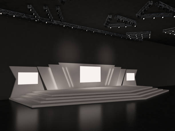 istock Event empty stage design with stairs perspective view. center led screen for projection plus two sides led, and a ceiling spotlight system. Platform elements in the hall. 3d rendering illustration 1499260893