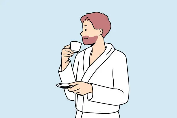 Vector illustration of Man in bathrobe drinks coffee enjoying hot tart drink after waking up in morning.