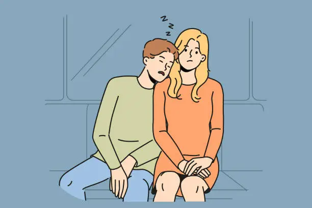 Vector illustration of Subway passenger sleeps on shoulder of woman embarrassed by tactlessness of unfamiliar guy