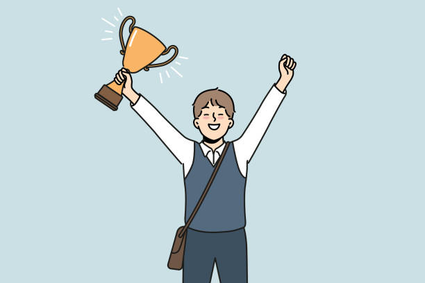 ilustrações de stock, clip art, desenhos animados e ícones de schoolboy with golden cup rejoices at award received for winning school mathematics olympiad - child prodigy