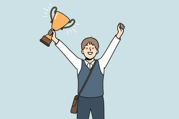 Vector illustration of Schoolboy with golden cup rejoices at award received for winning school mathematics olympiad