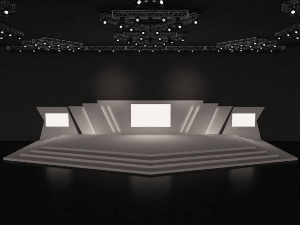 istock Event empty stage design with stairs front view. center led screen for projection plus two sides led, and a ceiling spotlight system. Platform elements in the hall. 3d rendering illustration 1499260965