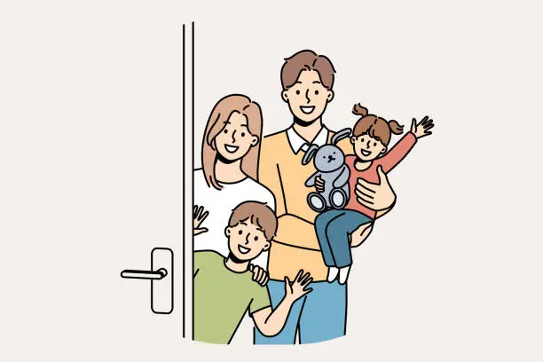 Vector illustration of Family with children stands near door, inviting guests to banquet and waving hands in greeting