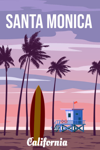 ilustrações, clipart, desenhos animados e ícones de califórnia santa monica beach vetor de cartaz de viagem retrô - beach sunlight surfboard santa claus