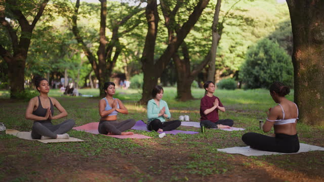 Multi-ethnic people practicing in yoga class in nature