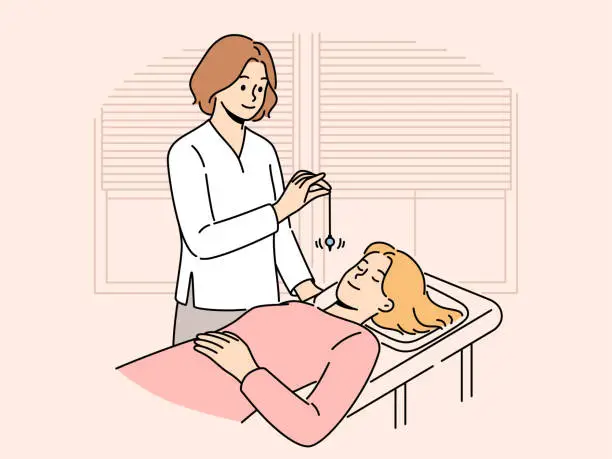 Vector illustration of Psychiatrist hypnotizes female patient to treat psychological problems caused by difficult childhood