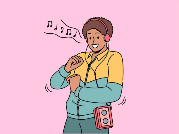 Vector illustration of African American man in retro clothes with cassette player on belt listens to music in headphones