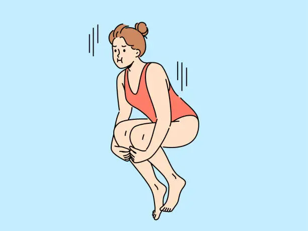 Vector illustration of Woman swimmer in swimsuit jumps from springboard to dive underwater into pool or sea