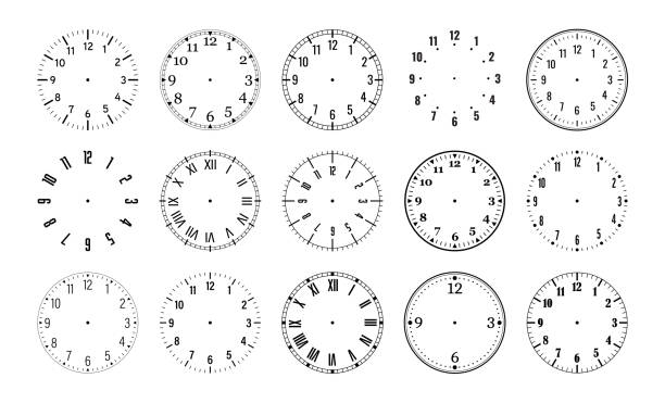 Clock Faces. Clock Dial. Empty Mechanical Watch Face With Arrows - Minute and Hour Marks. Vector Set Clock Faces. Clock Dial. Empty Mechanical Watch Face With Arrows - Minute and Hour Marks. Vector Set clock face stock illustrations