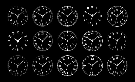 Clock Faces. Clock Dial. Empty Mechanical Watch Face With Arrows - Minute and Hour Marks. Arabic and Roman Numbers. Vector Set
