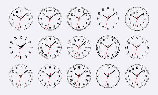 ilustrações, clipart, desenhos animados e ícones de mostradores de relógio. mostrador de relógio mecânico vazio com setas - marcas de minutos e horas. números árabes e romanos. conjunto vetorial - timepeace