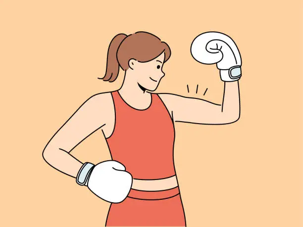 Vector illustration of Woman boxer shows biceps and smiles demonstrating strength and determination to defeat opponent