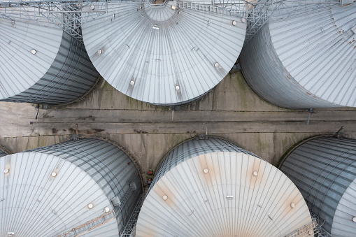 Aerial view of agricultural silos.