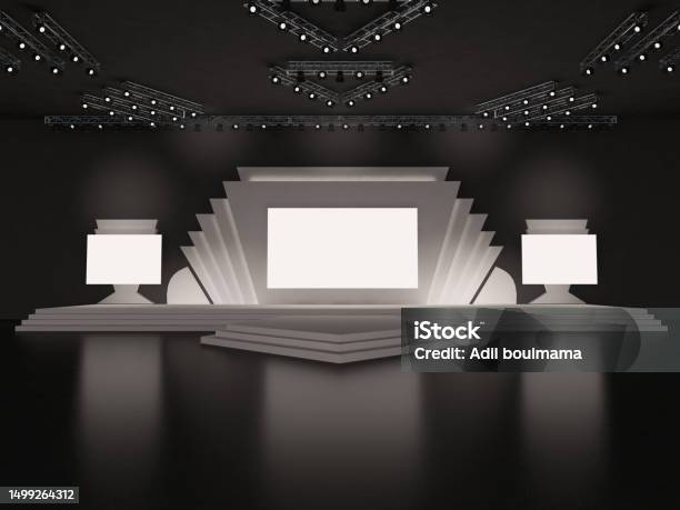 Event Empty Stage Design With Stairs Front View Center Rectangular Led ...