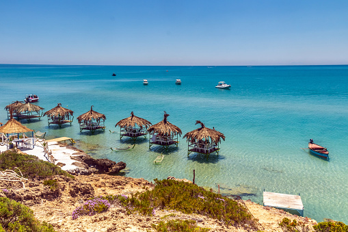 Group of Cabanas on Coco Beach in Bizerte, Tunisia