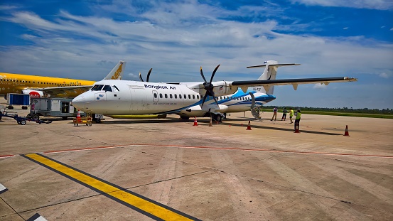 Siem Reap, Cambodia – June 26, 2018: The Bangkok Airways plane at the airport in Siem Reap.