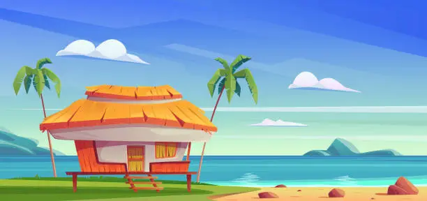 Vector illustration of Bungalow by the sea under a tropical sky. Nice house on the beach with palm trees, a roof covered with palm branches, a wooden porch and a terrace Tropical beach in Hawaii. Vector cartoon illustration