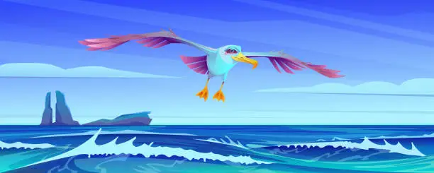 Vector illustration of Albatross flies over the sea. Panoramic ocean view with big waves, rocky island on the horizon. Seascape, wildlife, albatross flight in natural habitat. Cartoon character. Vector illustration.