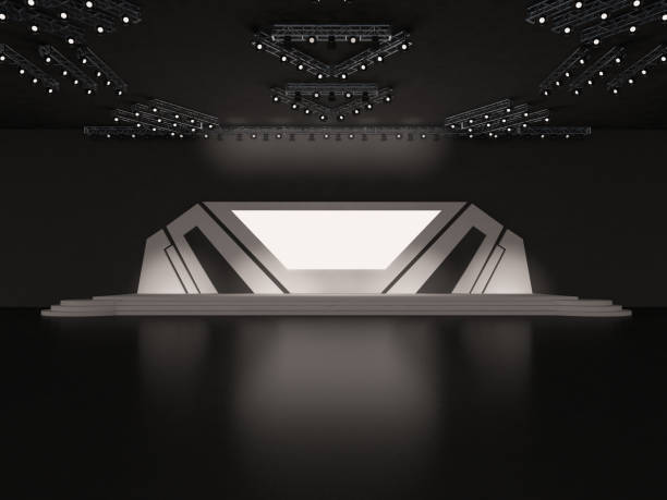 istock Event futuristic high-tech empty stage design with stairs. front view. led screen for projection and a ceiling spotlight system. interior hall. 3d rendering illustration 1499265971