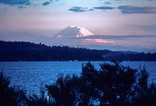 Mt Rainier NP - Distant Mt Rainier at Sunset - 1979. Scanned from Kodachrome 25 slide.