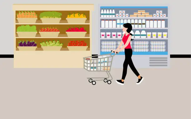 Vector illustration of woman shopping in supermarket