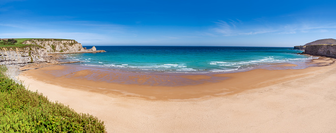 Porth Curno Beautiful beach in the springtime in Cornwall, the south coast of England