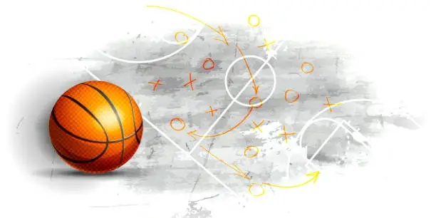 Vector illustration of Sport and victory concept in private style. Basketball ball with game strategy on abstract concrete grunge field. Stylish creative illustration.