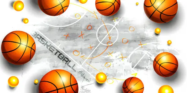 Vector illustration of Sport and victory concept in private style. Lots of basketballs with strategy game balls on abstract concrete background grunge concrete wall. Stylish creative abstract illustration.