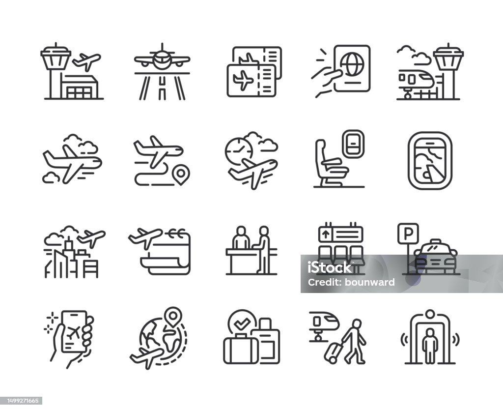 Icônes de ligne d’aéroport. Pixel parfait. Trait modifiable. - clipart vectoriel de Icône libre de droits Icônes de ligne d’aéroport. Pixel parfait. Trait modifiable. - clipart vectoriel de Icône libre de droits