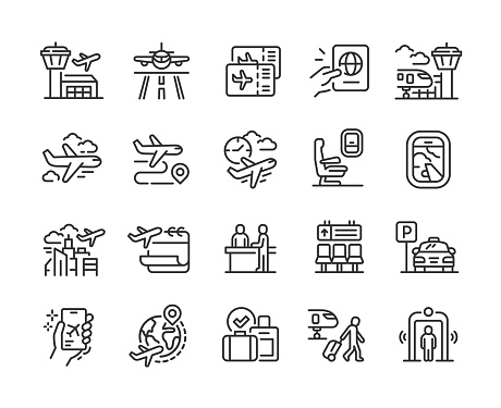 Airport line icons. Pixel perfect. Editable stroke. Vector illustration.
