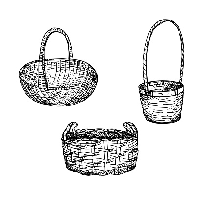 Straw craft baskets empty containers hand drawn set black and white illustration engraving  isolated white background. Handmade  panniers for flowers, storage fruits, vegetables. Design element vector Illustration