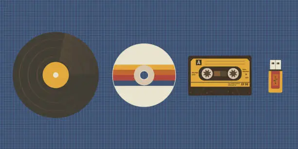 Vector illustration of Various storages for music. The concept of the evolution of retro data warehouses