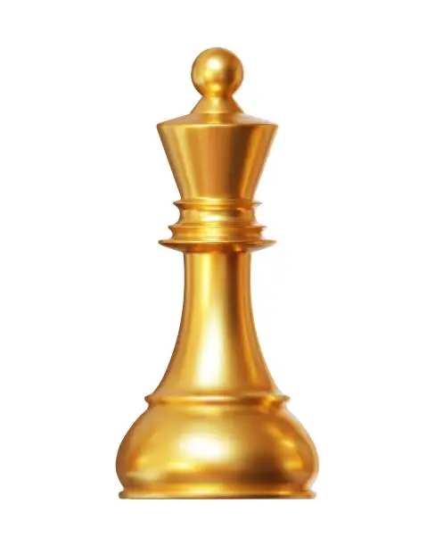 Vector illustration of 3d gold chess piece king or queen on isolated background. Chess Strategy for Business Leadership and Team Success Concepts. Vector illustration.