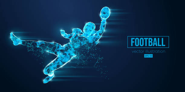 istock Abstract wireframe silhouette of a american football player from triangles and particles on blue background. man in action isolated. Vector illustration 1499277547