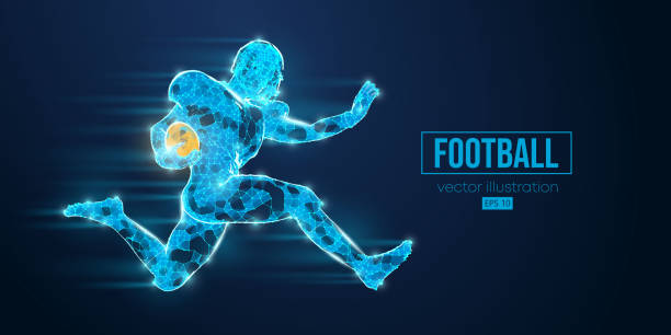 istock Abstract wireframe silhouette of a american football player from triangles and particles on blue background. man in action isolated. Vector illustration 1499277553