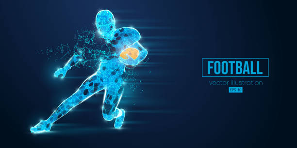 istock Abstract wireframe silhouette of a american football player from triangles and particles on blue background. man in action isolated. Vector illustration 1499277556
