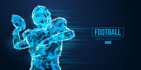 Abstract wireframe silhouette of a american football player from triangles and particles on blue background. man in action isolated. Vector illustration