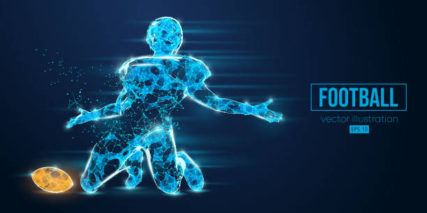 istock Abstract wireframe silhouette of a american football player from triangles and particles on blue background. man in action isolated. Vector illustration 1499277575