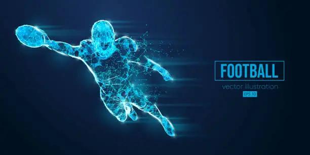 Vector illustration of Abstract wireframe silhouette of a american football player from triangles and particles on blue background. man in action isolated. Vector illustration
