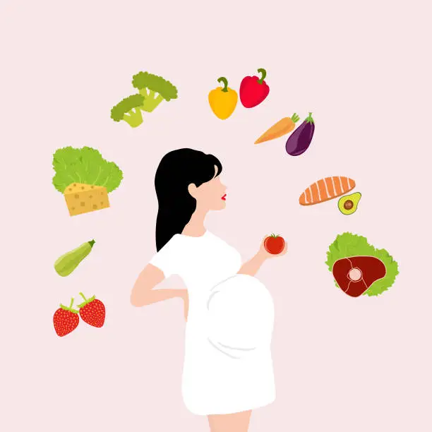 Vector illustration of Side View Of Young Pregnant Woman Holding Her Belly With Hair. Pregnancy and motherhood concept. healthy diet during pregnancy