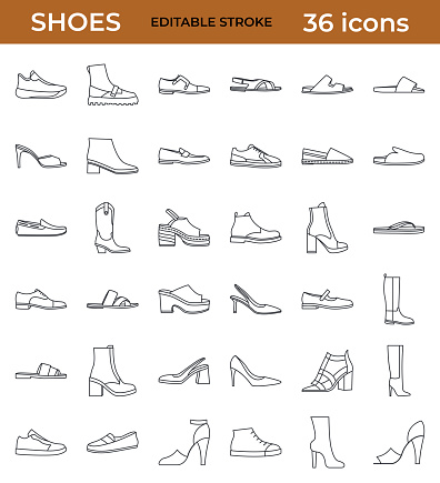 Big set of various shoes line icons. Fashion shoes, boots, trainers, mules, slides, stiletto, sneakers, espadrilles for women. Linear icon set with editable stroke. isolated 36 Vector icons.