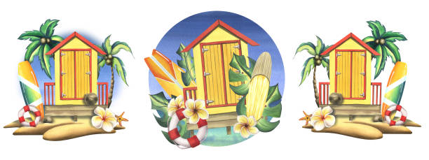 пляжная кабина желтого цвета с досками для серфинга, тропическими листьями и цветами со спасательным кругом. акварельная иллюстрация, нари - hut island beach hut tourist resort stock illustrations