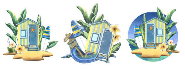 пляжный домик - полосатая сине-желтая доска для серфинга, дорожный знак, тропические листья, цветы франжипани и морская волна. акварельная и - hut island beach hut tourist resort stock illustrations