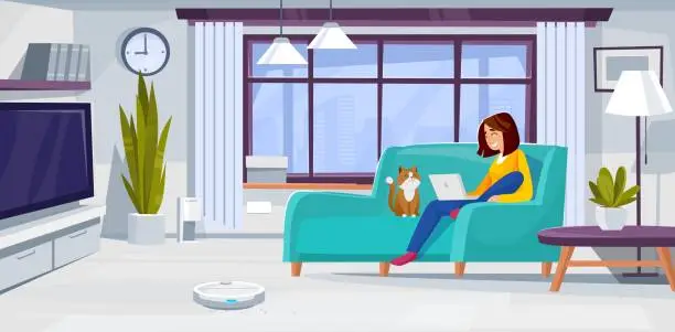 Vector illustration of A cat and a woman with a laptop sit on a couch while a robot vacuums the floor