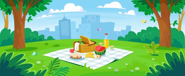 Background of a picnic set up in a city park with a blanket spread on the grass Background of a picnic set up in a city park. Basket with healthy food, apples, banana, watermelon, and juice on a blanket spread on the grass with a beautiful view. Cartoon vector illustration. picnic stock illustrations